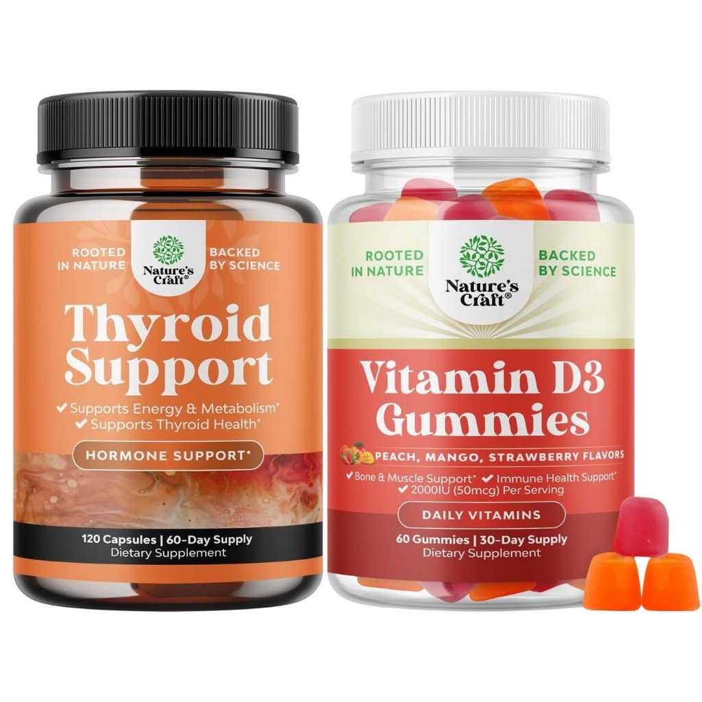 Bundle of Herbal Thyroid Support - Potent Kelp Iodine with L Tyrosine, Bladderwrack, Selenium & Pure Ashwagandha and Vitamin D3 Gummies - Delicious D Adults with 2000IU per Serving for Bone Myus
