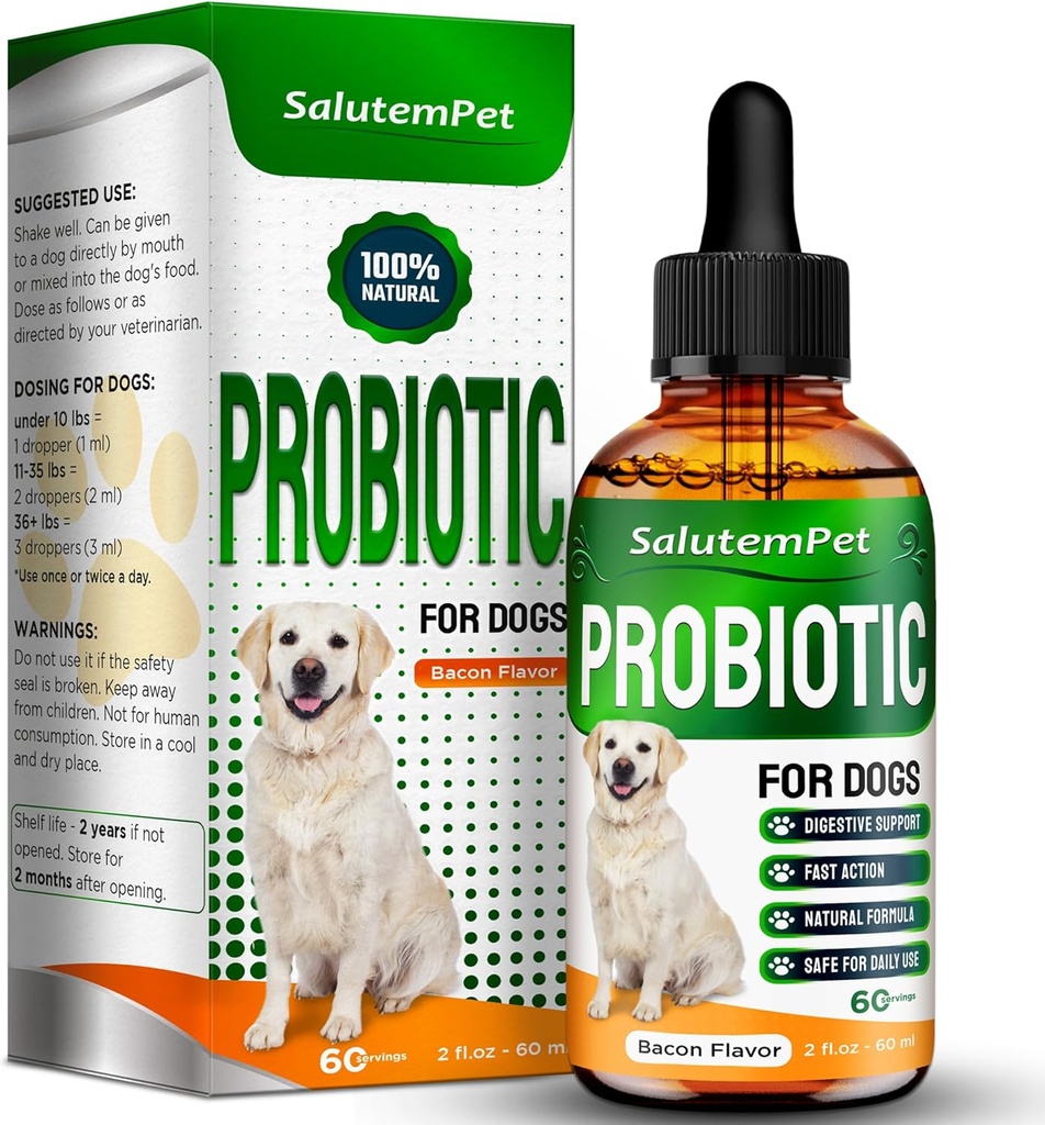 Probiotics for Dogs | Liquid Probiotics for Dogs and Puppies | Prebiotic & Digestive Enzymes | Gut Flora Support and Digestive Care | Bacon Taste | 2 Oz