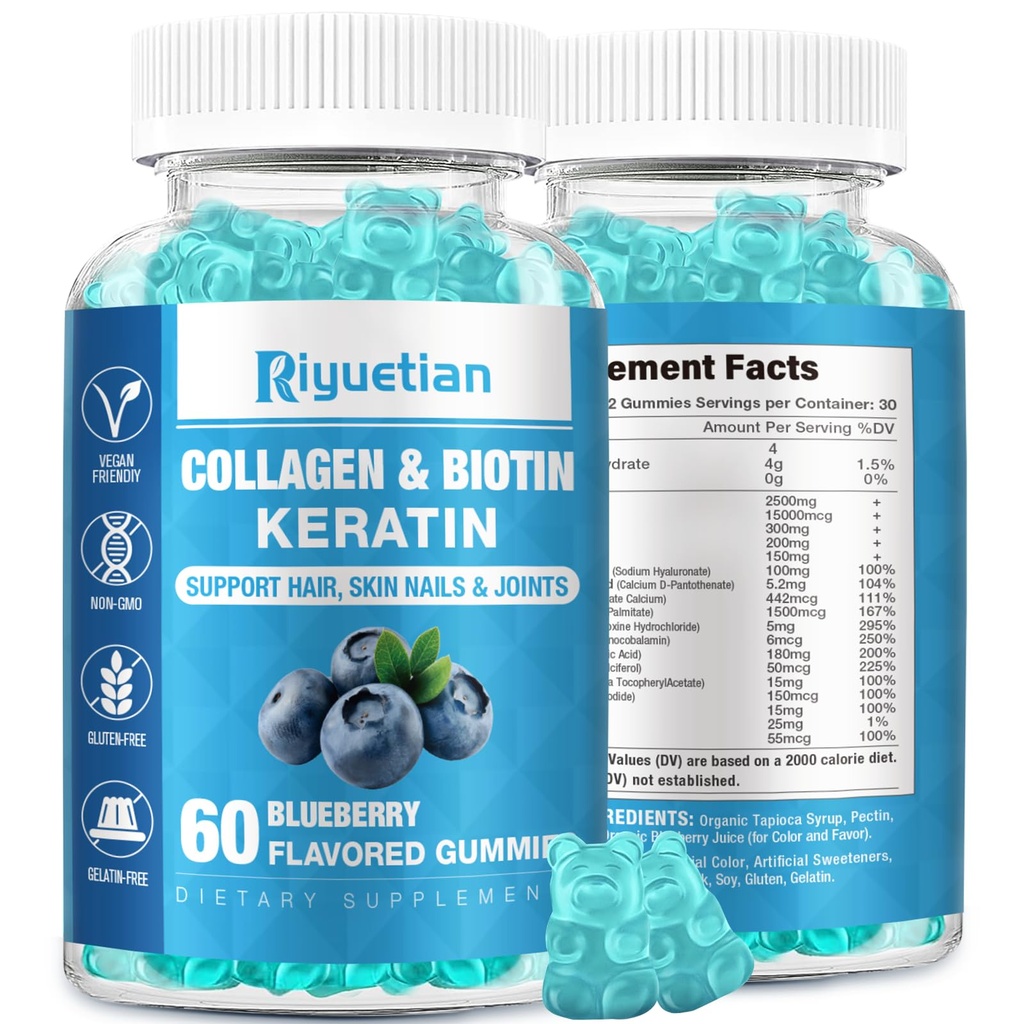 Biotin Gummies 15000mcg with Collagen for Adults Women & Men - Hair, Skin & Nails Gummies with Biotin - Collagen for Woman - Vegan, Non-GMO, Hair Vitamins - 60 Count, 1 Pack