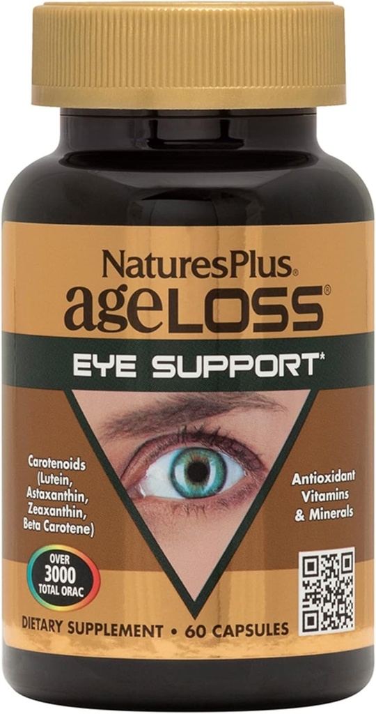 Natures Plus AgeLoss Eye Support - 60 Κάψουλες - με Λουτεΐνη, Ασταξανθίνη & Ζεαξανθίνη - Χορτοφαγικά, Χωρίς Γλουτένη - 30 Σερβιέτες