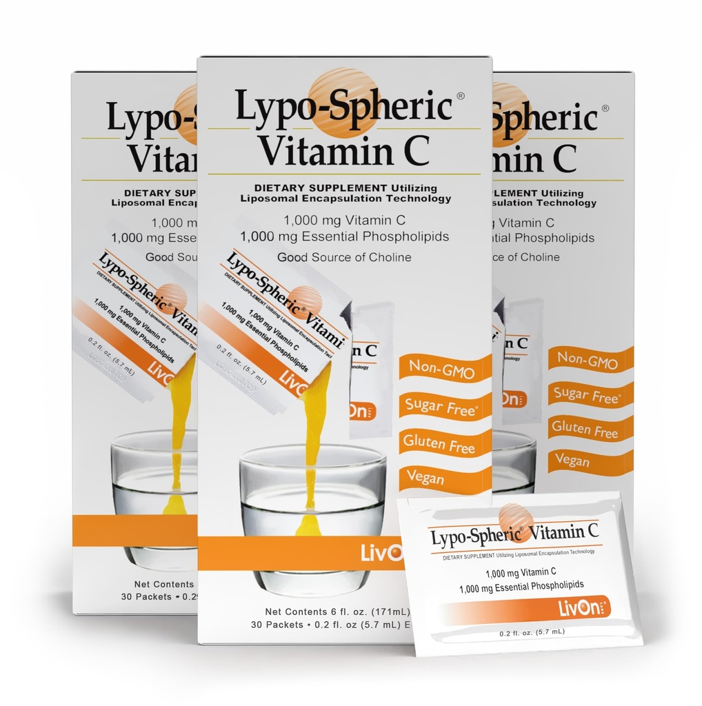 LivOn Laboratories Lypo–Spheric Vitamin C – 3 Cartons (90 Packets) – 1. 000 mg Βιταμίνη C & 1. 000 mg Απαραίτητα Φωσφολιπίδια Per Packet – Liposome Encapsuled for βελτιωμένη απορρόφηση – 100% Μη ΓΤΟ