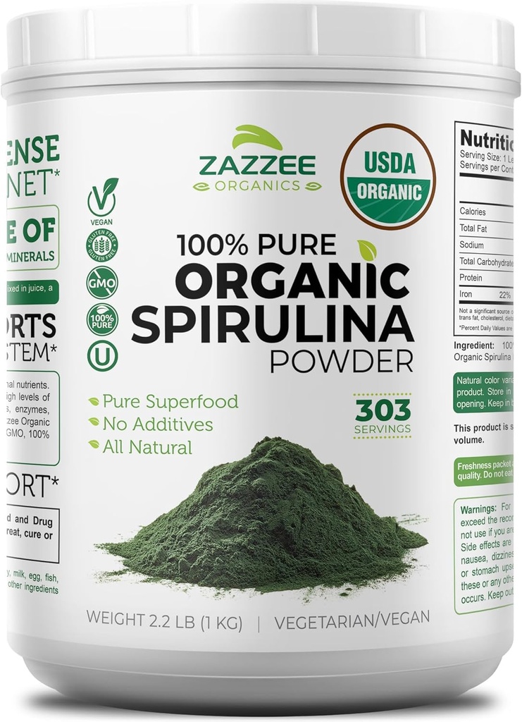 Zazzee Organic Spirulina Powder, 2,2 Λίρες (1 KG), USDA Certified, 303 Εξυπηρετήσεις, Kosher, 100% Καθαρή, μη ακτινοβολημένη, Mess-free Ευρυζωνικό Δοχείο Στόματος, Φρέσκια μυρωδιά και Ουδέτερη Γεύση, Μη ΓΤΟ, Χωρίς Γλουτένη