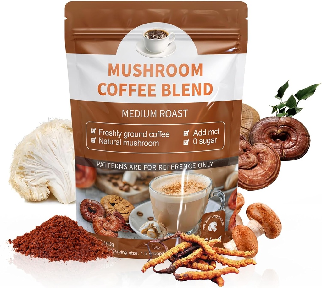 Organic Lion's Mane, Cordyceps, Shiitake, Reishi & Turkey Tail Mushroom Coffee Blend - Υποστηρίζει την ουλές, την ενέργεια, την εστίαση και την υγεία του εγκεφάλου