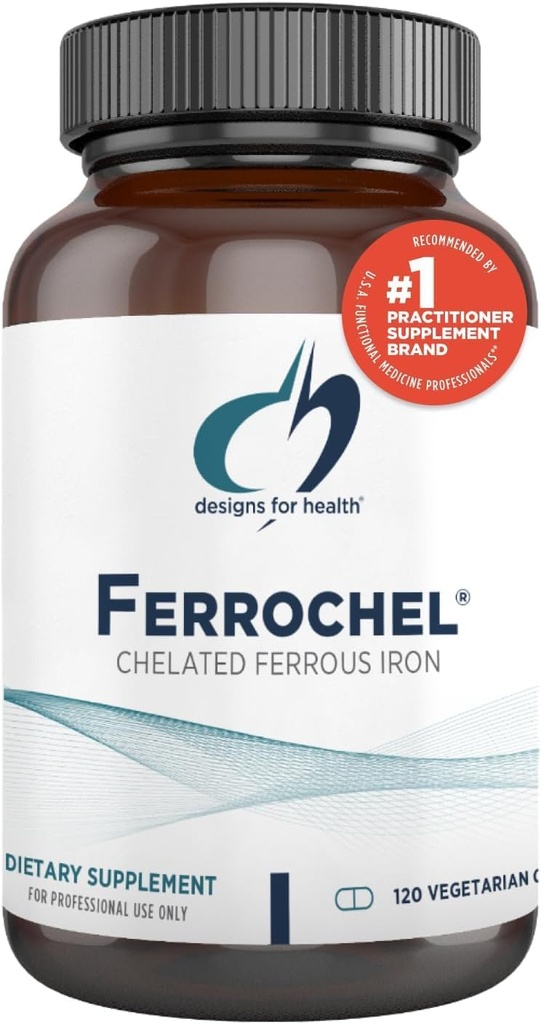 Designs for Health Iron – Vital for Energy Production, Immune & Brain Health, High Absorption Ferrochel Chelated Iron for Women & Men as Ferrous Bisglycinate Chelate – Pregnancy Safe (120 Vegan Caps)