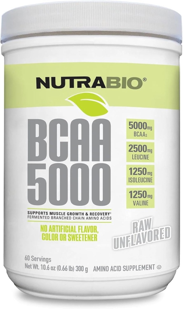 NutraBio BCAA 5000 Σκόνη - Ζυμωμένη διακλαδισμένη αλυσίδα Αμινοξέα για την ανάπτυξη των μυών & την αποκατάσταση - Φυσικές Γεύσεις, γλυκαντικά, και χρωματισμό, Vegan, Χωρίς γλουτένη - χωρίς γεύση, 60 εξυπηρετούν