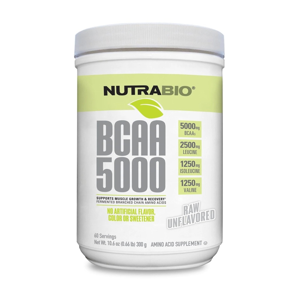 NutraBio BCAA 5000 Σκόνη - Ζυμωμένη διακλαδισμένη αλυσίδα Αμινοξέα για την ανάπτυξη των μυών & την αποκατάσταση - Φυσικές Γεύσεις, γλυκαντικά, και χρωματισμός, Vegan, Χωρίς γλουτένη - χωρίς γεύση, 60 εξυπηρετούν