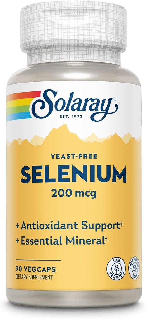 Solaray Yeast Free Selenium 200mcg, κάψουλες σεληνίου για υγιή λειτουργία θυρεοειδούς & ανοσοποιητική υποστήριξη, συμπλήρωμα υψηλής απορρόφησης, Vegan, 90 σερβιέτες, 90 VegCaps