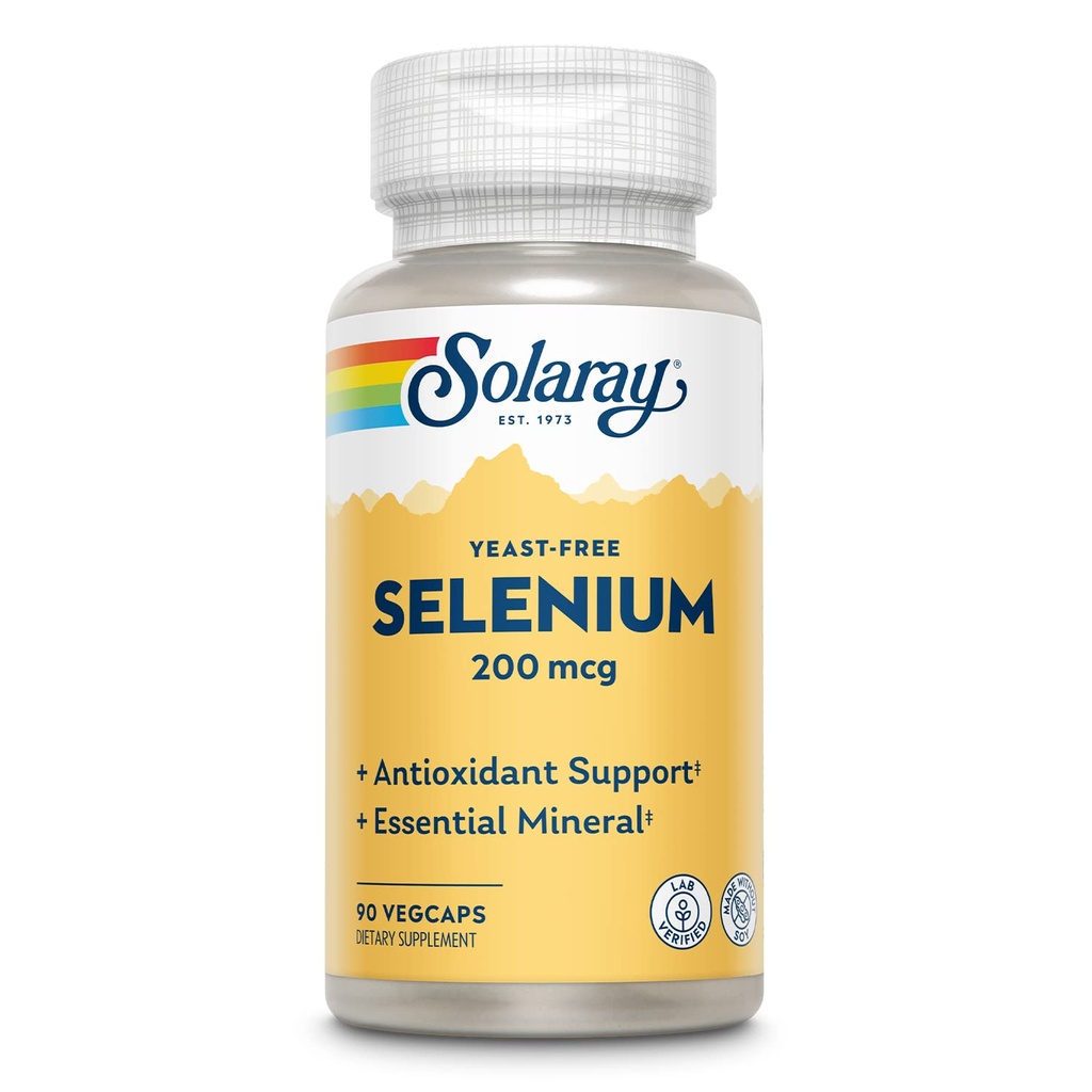 Solaray Yeast Free Selenium 200mcg, κάψουλες σεληνίου για υγιή λειτουργία θυρεοειδούς & ανοσοποιητική υποστήριξη, συμπλήρωμα υψηλής απορρόφησης, Vegan, 90 σερβιέτες, 90 VegCaps
