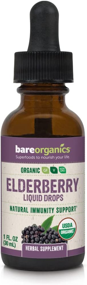 BareOrganics Elderberry Liquid Drops, Herbal Supplement, 1 Ounce
