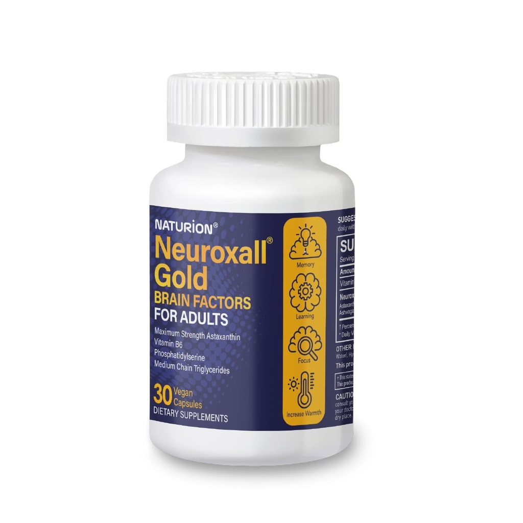 Neuroxall Gold Brain Παράγοντες για Ενήλικες - Γνωστική & Ψυχική Ευεξία Υποστήριξη με Βιταμίνη Β6, Ασταξανθίνη, Ginkgo Biloba, Ashwagandha & Turmeric & - 30 Κάψουλες Vegan, 30 Ημέρα προσφοράς