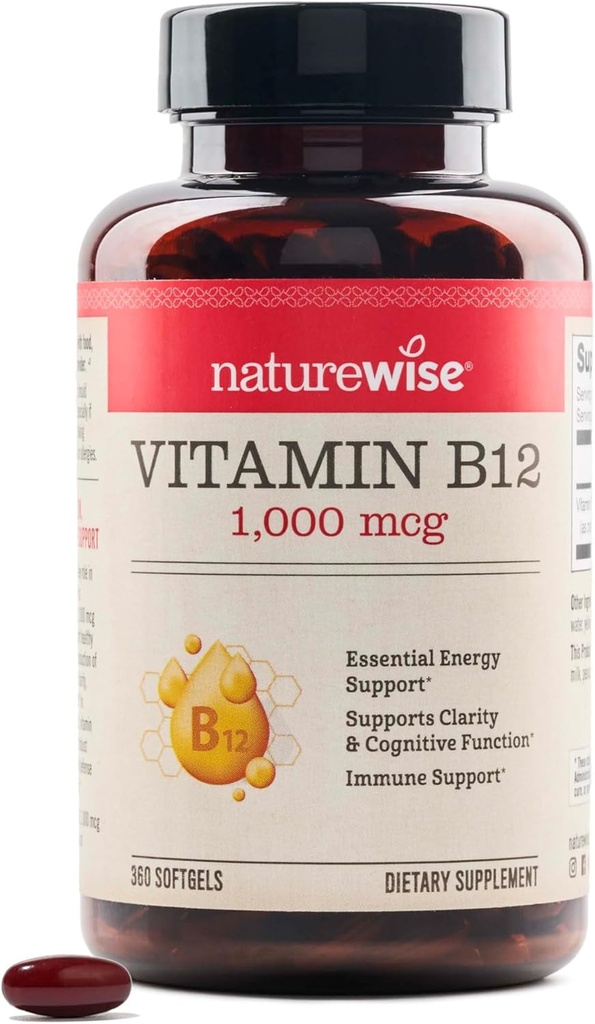 NatureWise Vitamin B12 1000 mcg - Συμπλήρωμα διατροφής για την υποστήριξη του μεταβολισμού της ενέργειας, της διανοητικής καθαρότητας, της υγείας του νευρικού συστήματος - Easy-to-Swallow, Soy & Gluten-free, Non-GMO - 360 Count[1-year Supply]