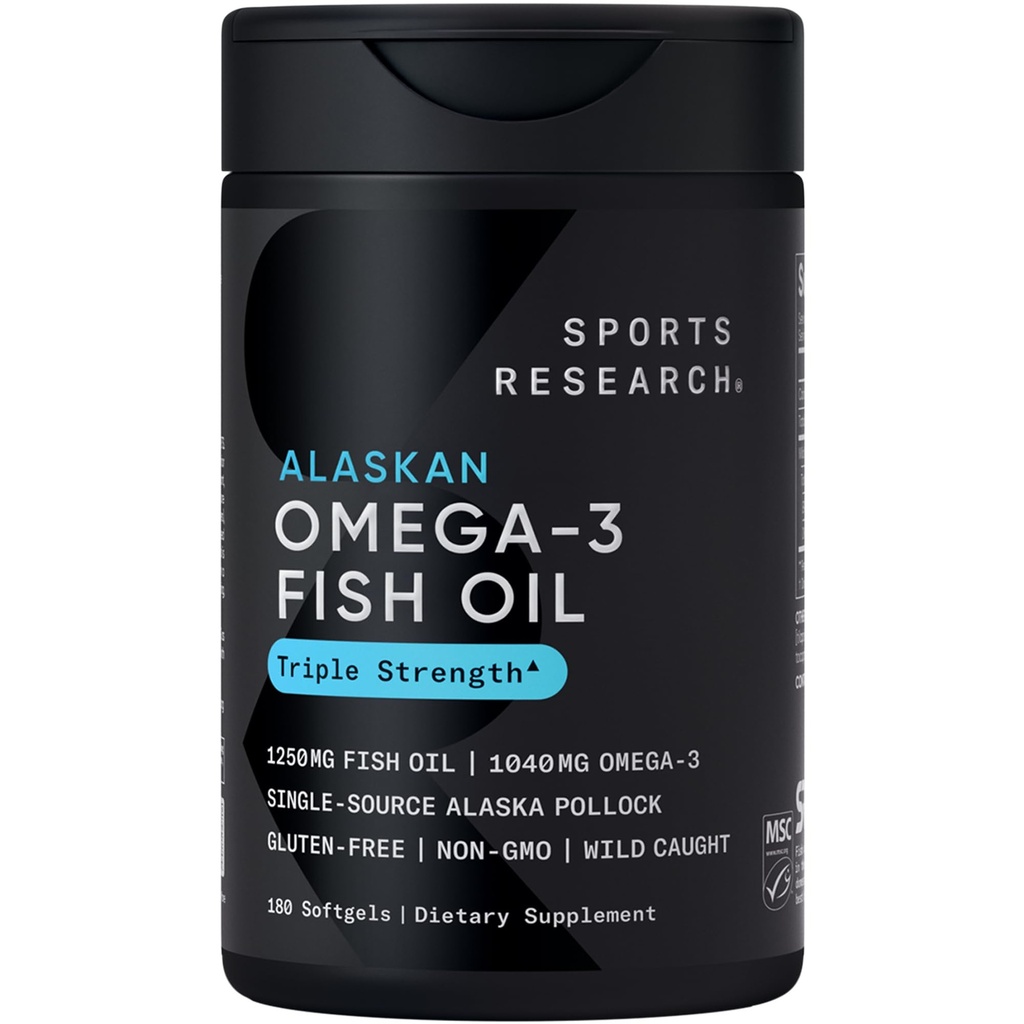 Αθλητική Έρευνα Τριπλή Δύναμη Ωμέγα 3 Fish Oil - Burpless Fish Oil Supplement w/EPA & DHA Λιπαρά Οξέα από Ενιαία Πηγή Άγρια Αλάσκα Pollock - 1250 mg, 180 ct