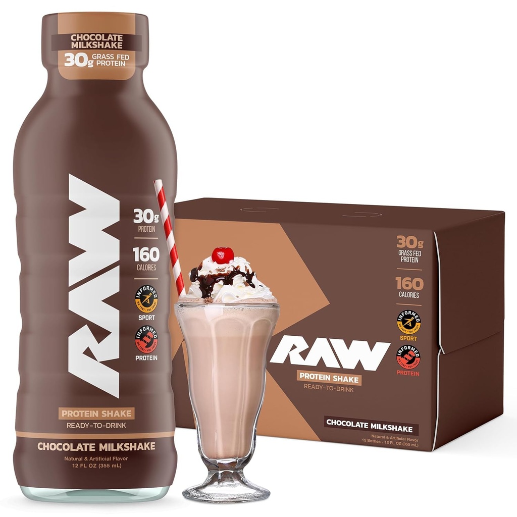 RAW Ready-to-drink Protein Shake, Chocolate - ETA Protein Drinks with Grass-Fed Whey Protein Isolate for post-workout - Zero-Sugar & Gluten-Free Replacement Drink & Breakfast Shake, 12 Fl Oz