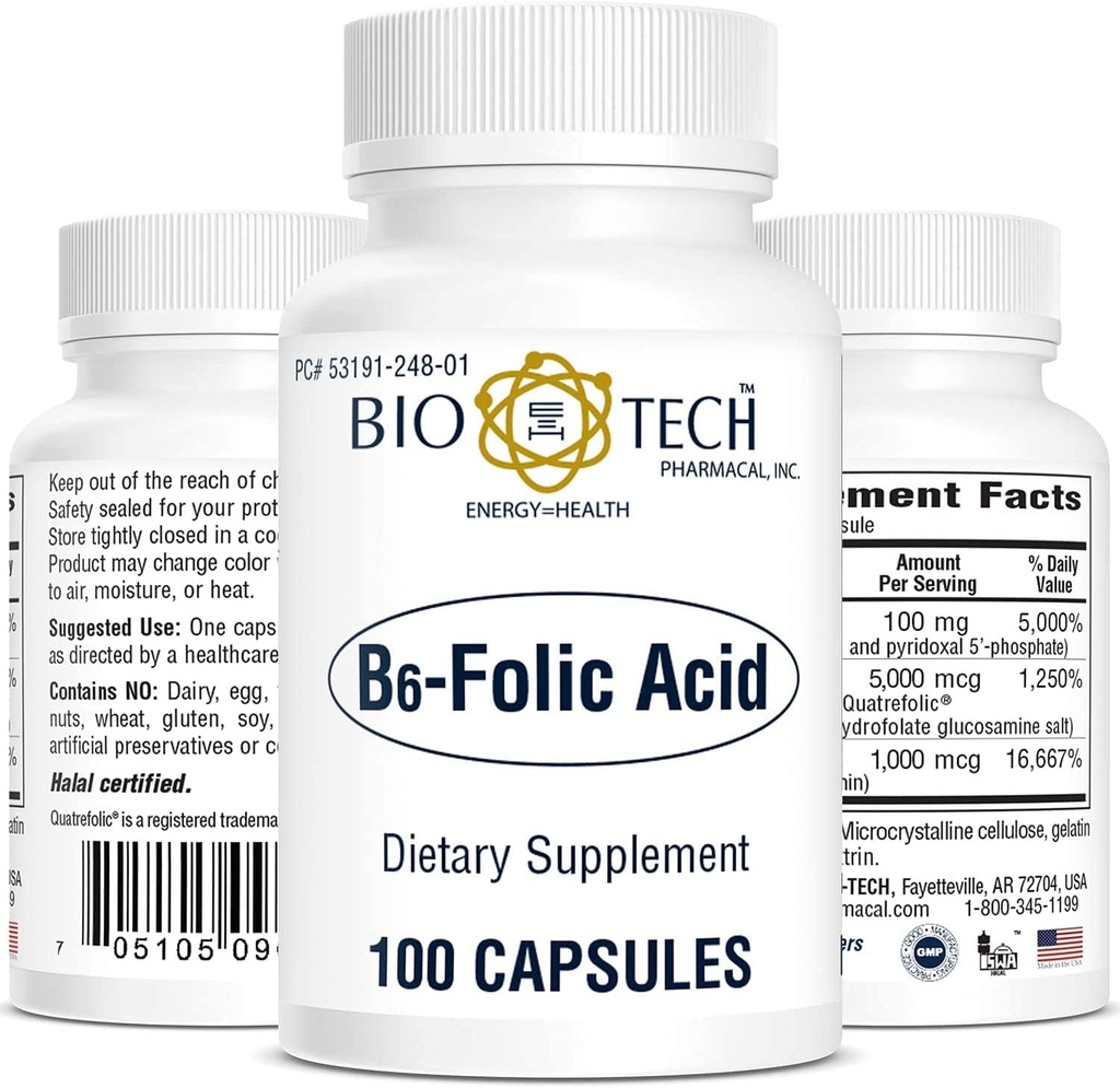 Bio-Tech Pharmacical B6-Folic Acid, 100 Κάψουλες – All-Φυσικό συμπλήρωμα – Υποστηρίζει Καρδιαγγειακό, Οστό, & Νευρικό Σύστημα Υγεία – Όχι Γαλακτοκομικά, Ψάρια, Γλουτένη, Φυστίκι, Σέλινο, Χαλάλ, & Σόγια – Όχι