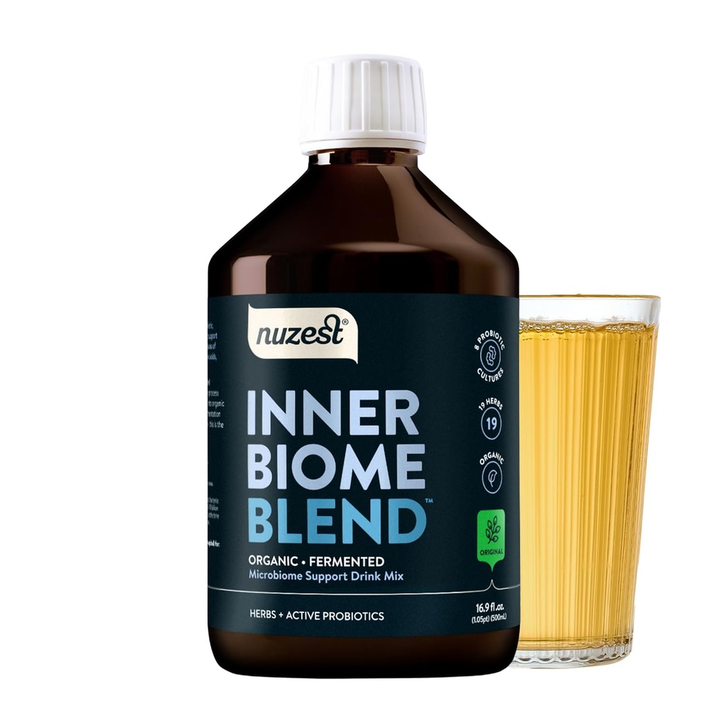 Nuzest - Inner Biome Blend – Προβιοτικό, Προβιοτικό & Μεταβιοτικό Υγρό Μείγμα Drink Υποστήριξη Μικροβιομέτρων – 8 Μικροβιοτικοί Πολιτισμοί, 19 Ζυμωμένα Βότανα - Vegan - Organic - Original Flavour 16.9 fl.oz/ 500ml