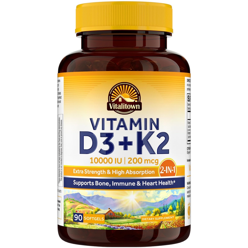 Vitalitown Βιταμίνη D3 K2 συμπλήρωμα, Βιταμίνη D3 10000 IU Βιταμίνη K2 (MK7) 200 mcg, 90 Softgels, μη-GMO, χωρίς γλουτένη & σόγια, για οστά, δόντια, ανοσοποιητική & καρδιακή υγεία