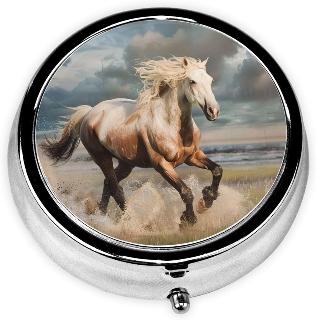 Horse Printed Round Pill Organizer with 3 Compartments, Portable Mini Pill Box Pill Case for Medicine, Vitamin, Fish Oil, Συμπληρώματα
