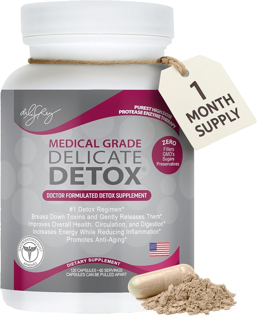 Dr. Liz Cruz Delicate Detox - Ένζυμα συμπλήρωμα, συμπληρώματα διατροφής, Ιατρικό-Grade Ένζυμα Πρωτεάσης, Καθημερινή Βασικά Ένζυμα για Detox, Μη-ΓΤΟ, 120 Κάψουλες Veggie