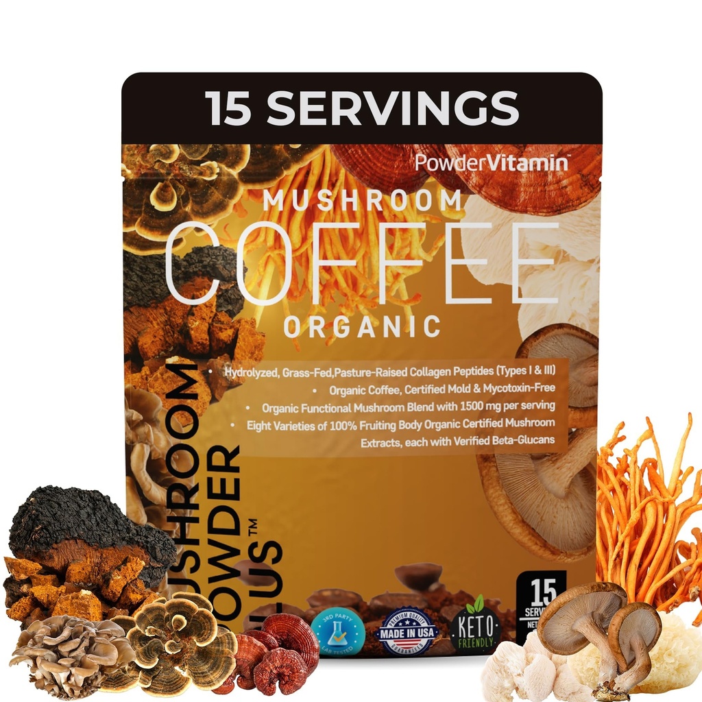 ΣκόνηΒιταμίνη Βιολογικός καφές Mushroom Certified Mold & Mycotoxin Free GrassFed Collagen Τύποι I & III 8 Φρουτώδη Μανιτάρια Σώμα Δοκιμάστηκε για BetaGlucans Focus Energy Digetion & Ανοσία 15 Υπηρεσίες