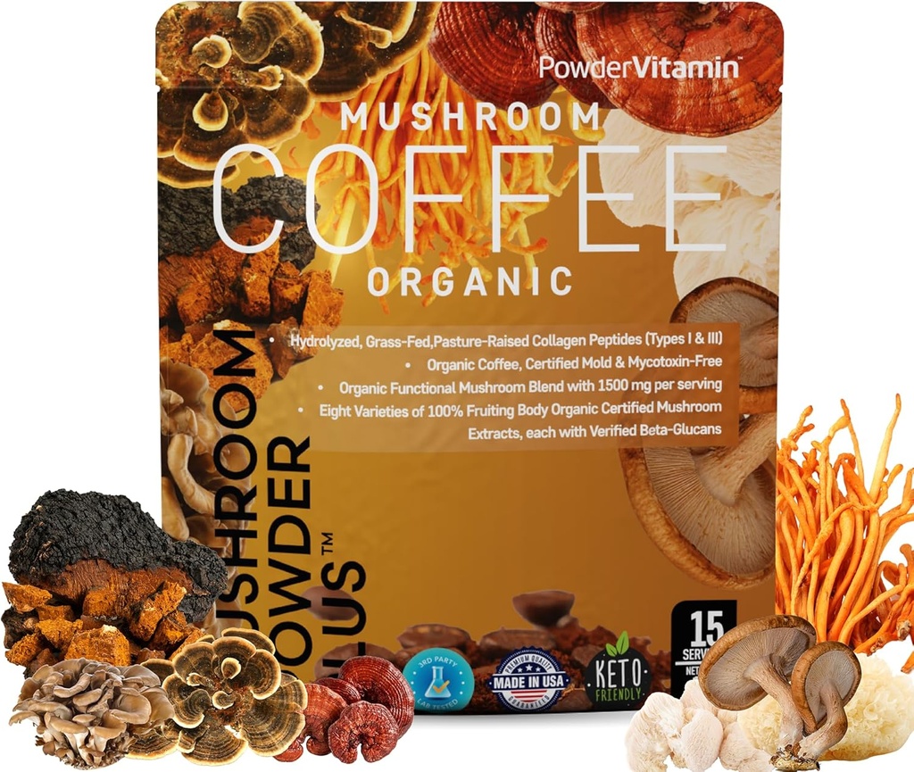 ΣκόνηΒιταμίνη Βιολογικός καφές Mushroom Certified Mold & Mycotoxin Free GrassFed Collagen Τύποι I & III 8 Φρουτώδη Μανιτάρια Σώμα Δοκιμάστηκε για BetaGlucans Focus Energy Digetion & Ανοσία 15 Υπηρεσίες