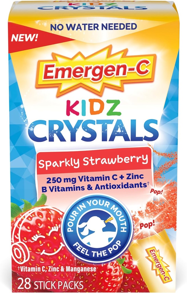 Emergen-C Kidz κρύσταλλα, On-The-Go συμπλήρωμα υποστήριξης ανοσοποιητικών με βιταμίνη C, βιταμίνες Β, ψευδάργυρο και μαγγάνιο, Sparkly Φράουλα - 28 Stick συσκευασίες
