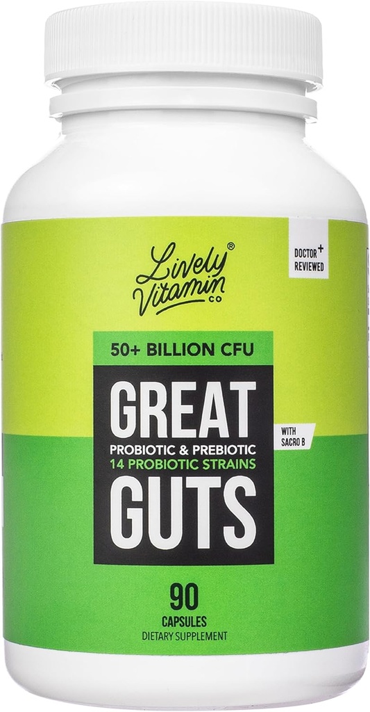 ΖΩΗ ΒΙΤΑΜΙΝΗ CO. Great Guts Probiotic 50 Δισεκατομμύρια CFU Probiotic - Balance Gut Microbiome, GI Tract, Φλεγμονή, Δυσπεψία, Reflux, Upset Στομάχι, & Διάρροια - 90 Caps