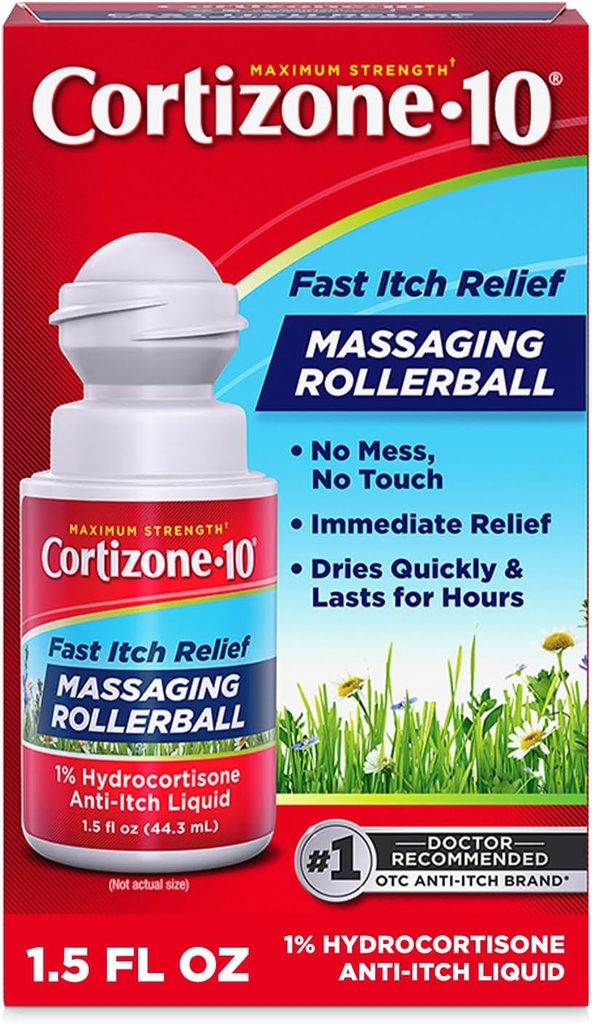 Cortizone-10 Μέγιστη δύναμη ανακούφισης Itch Μασάζ Rollerball, 1% Hydrocortisone, Fast-Acting, Anti-Itch Liquid για Bug Bites, Rash, Eczema, Psoriasis, Poison Ivy, Oak, Sumac, 1,5 fl. oz