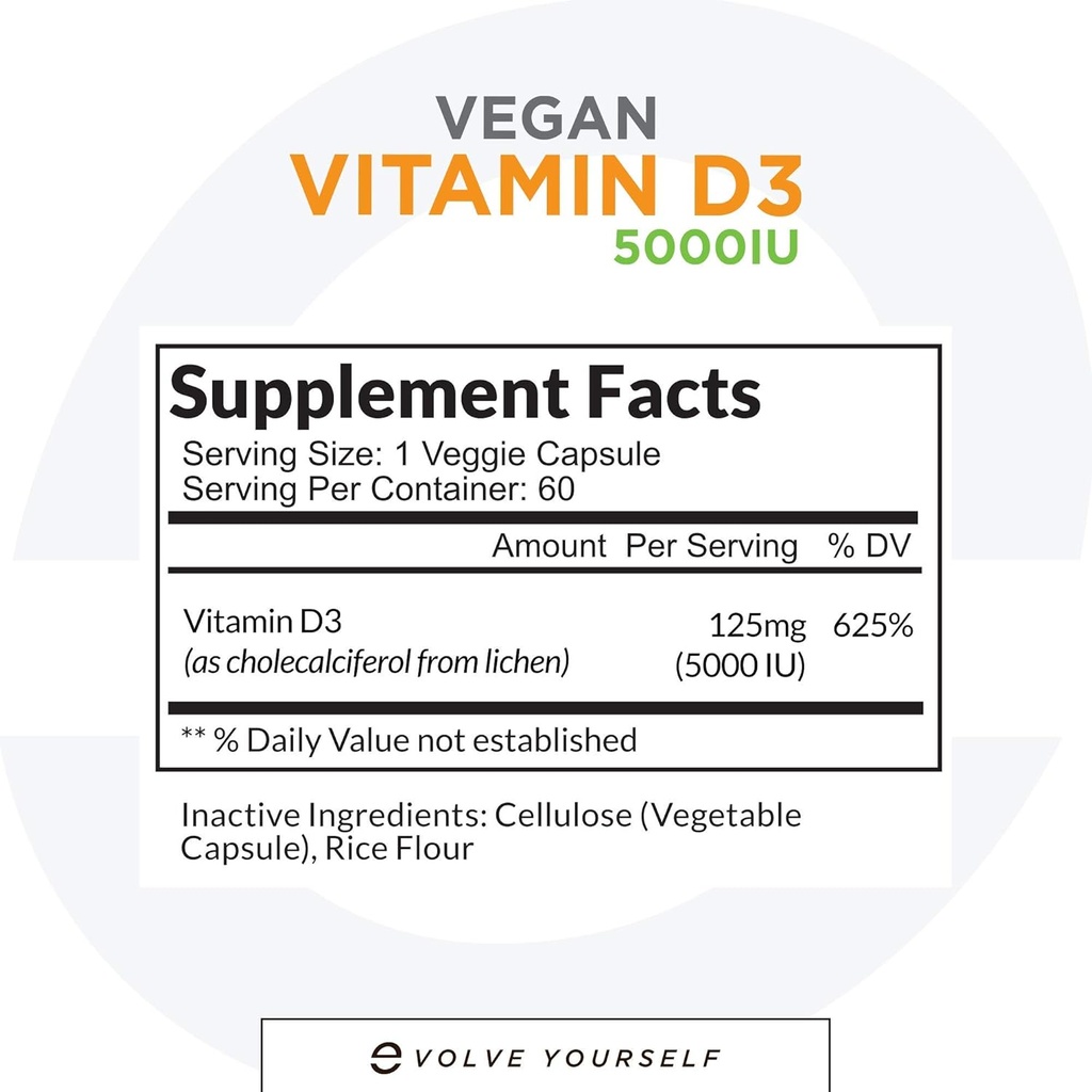 Συμπλήρωμα Vegan Vitamin D3 5000 IU - Αμιγής, Υψηλής Ικανότητας D3 Βιταμίνη 5000 IU Συμπληρώματα για την Ανοσολογική Υγεία & Ισχυρή Οστέινα Υποστήριξη - 120 κάψουλες, που παρέχουν μια 2-μηνη προμήθεια VIT D3