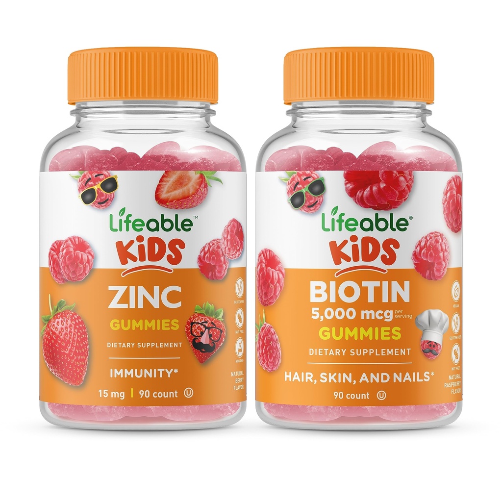 Ζωηρό Zinc Kids + Biotin Kids, Gummies Bundle - μεγάλη γεύση, συμπλήρωμα βιταμινών, χωρίς γλουτένη, GMO δωρεάν, μασώμενη κοιλιά