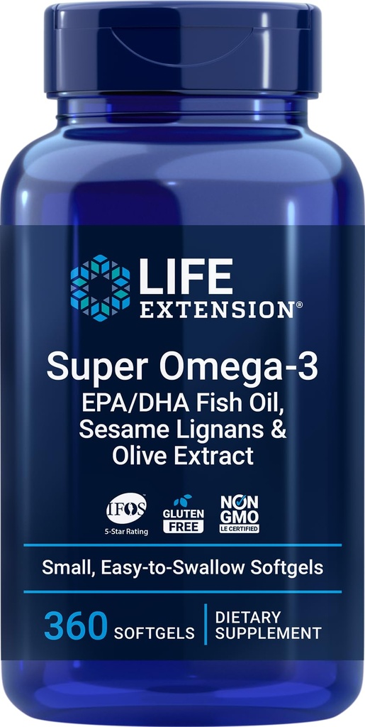 Επέκταση ζωής Super Omega-3 360 Softgels, εύκολο στην κατάποση, EPA/DHA Omega3 ιχθυέλαιο, Sesame Lignans & εκχύλισμα ελιάς