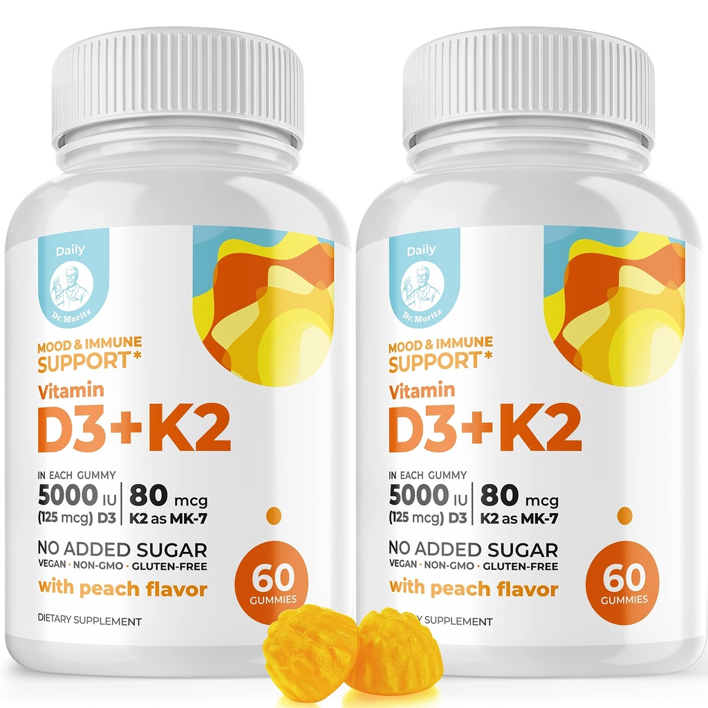 DR. MORITZ Βιταμίνη D3 Gummies (5000 IU) με K2 - για Ενήλικες και Παιδιά - Βιταμίνη D3 K2 Gummies για Ανοσολογική Υποστήριξη & Υγεία των Οστών - Vegan, Χωρίς Ζάχαρη, Χωρίς Γλουτένη (120 Count)