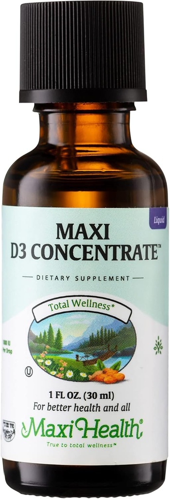 Maxi Health Vitamin D3 Πυκνό - 1000 IU ανά σταγόνα - Συμπλήρωμα διατροφής - Υποστηρίζει την απορρόφηση ασβεστίου, ανοσοποιητική υγεία και υγεία των οστών σε ενήλικες γυναίκες & άνδρες (1 fl oz)