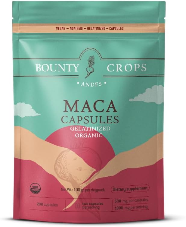 Οργανική σκόνη Maca CAPSULES-1000 mg ανά υπηρεσία, Gelatinized, Non-GMO, 200 κάψουλες Vegan, Μαύρο, Κόκκινο, και Κίτρινο Περού Maca, Ενέργεια και υποστήριξη ζωτικότητας.