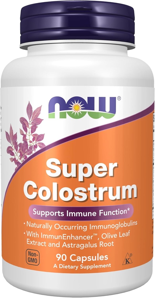 NOW Συμπληρώματα τροφίμων, Super Colostrum 500 mg, Φυσικώς εμφανιζόμενες ανοσοσφαιρίνες με ImmunEnhancerTM, εκχύλισμα φύλλων ελιάς και ρίζα Astragalus, 90 κάψουλες Veg