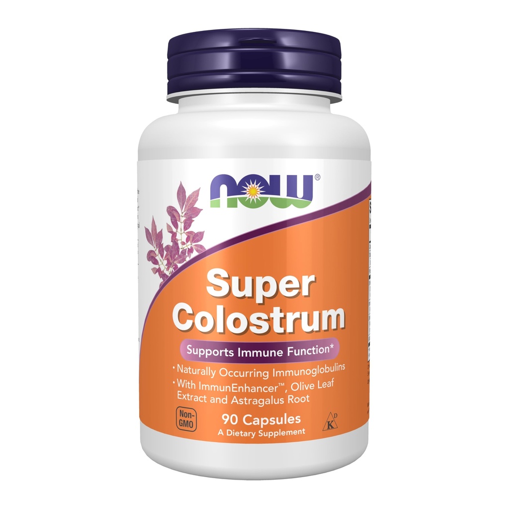 NOW Συμπληρώματα τροφίμων, Super Colostrum 500 mg, Φυσικώς εμφανιζόμενες ανοσοσφαιρίνες με ImmunEnhancerTM, εκχύλισμα φύλλων ελιάς και ρίζα Astragalus, 90 κάψουλες Veg