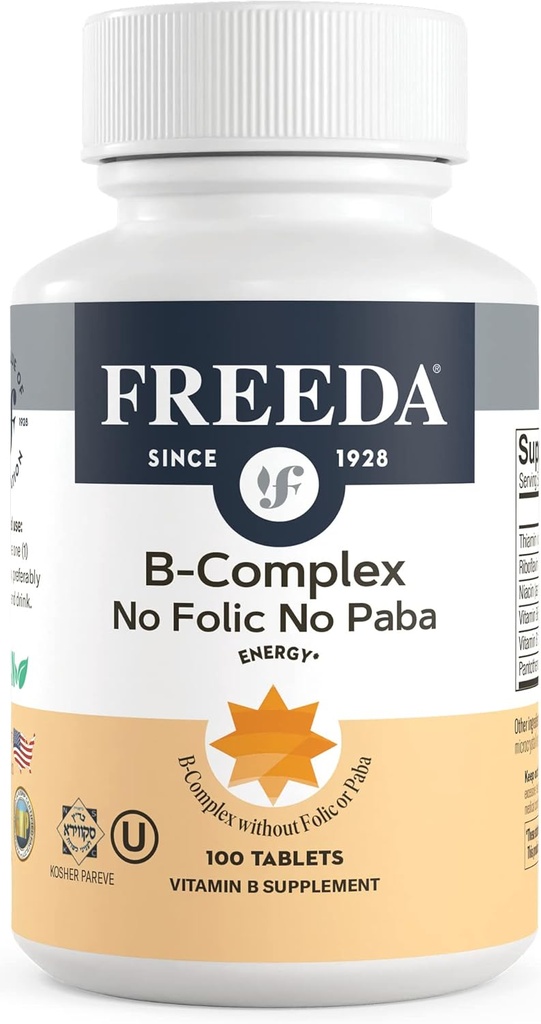 Freeda Vitamin B Complex No Follic No PABA - Super B Complex Kosher Vitamin Supplement with Vitamin B1 Vitamin B2 Vitamin B3 Vitamin B5 Vitamin B6 Vitamin B12 - Vit B Complex B for Women & Men (100 Ct)