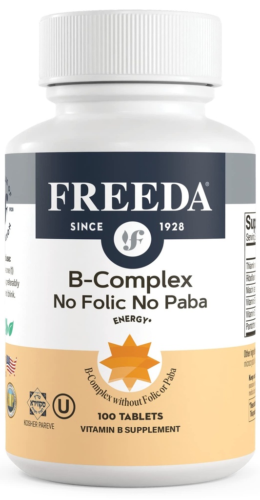 Freeda Vitamin B Complex No Follic No PABA - Super B Complex Kosher Vitamin Supplement with Vitamin B1 Vitamin B2 Vitamin B3 Vitamin B5 Vitamin B6 Vitamin B12 - Vit B Complex B for Women & Men (100 Ct)