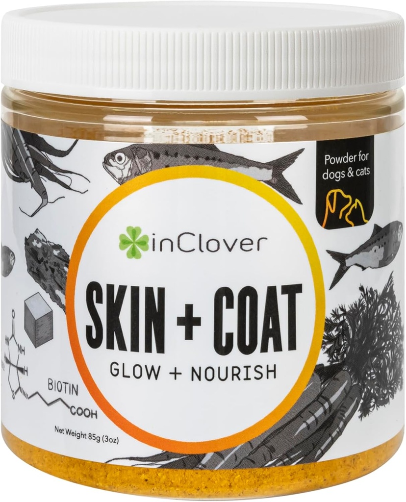 Στο Clover Dog Skin and Coat Supplement, BioRadiant Φυσικό συμπλήρωμα για σκύλους, υγιές δέρμα και παλτό, Fish Oil Εναλλακτικές Χρήσεις Καρότα, καρύδα, Ωμέγα 3, Βιοτίνη και ψευδάργυρος Soothe Skin