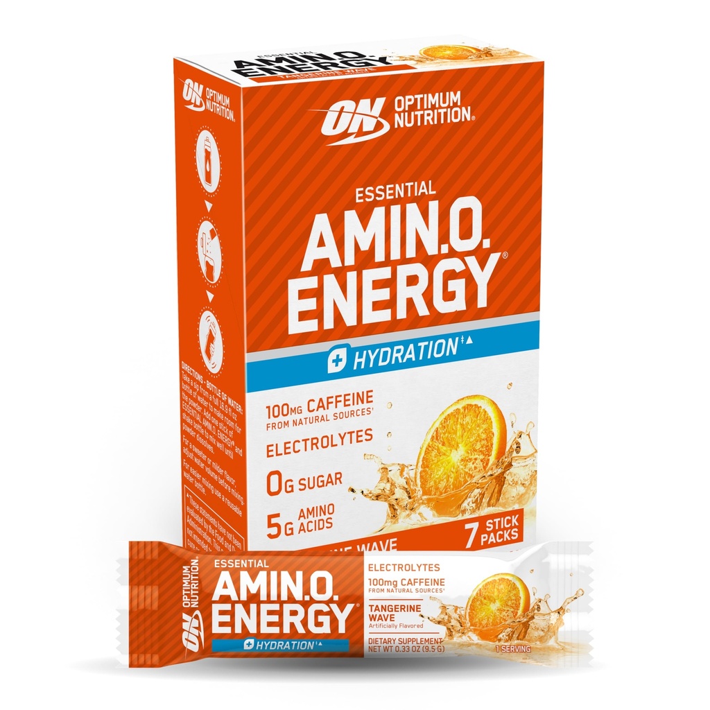 Optimum Nutrition Essential Amino Energy Plus Electrolytes Stick Packs, Energy Powder, Tangerine Wave, 7 Count