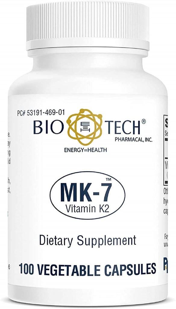 Bio-Tech Pharmacical MK-7 (Vitamin K2), 100 κάψουλες λαχανικών – All-Φυσικό συμπλήρωμα – Υποστήριξη Καρδιαγγειακής & Οστικής Υγείας – Όχι γαλακτοκομικά, ψάρια, γλουτένη, φυστίκι, Shellfish, ΓΤΟ, Kosher, Halal, & σόγια –