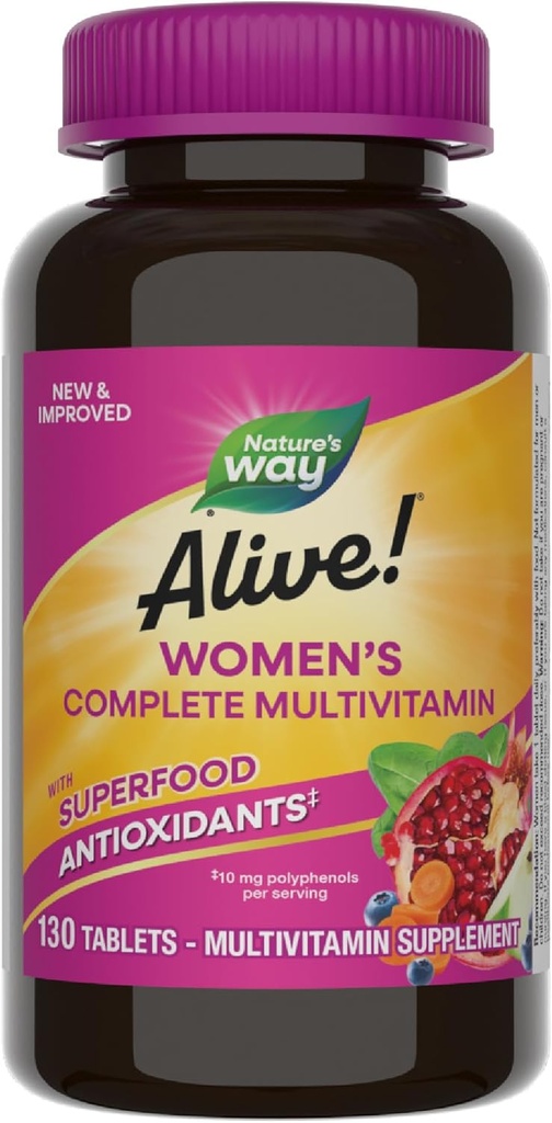 Nature's Way Alive! Daily Complete Multivitamin for Women, Supports Energy Metabolism, Hair, Skin & Nails*, B-Vitamins, Superfood Antioxidants, 130 Tablets (Packaging May Vary)