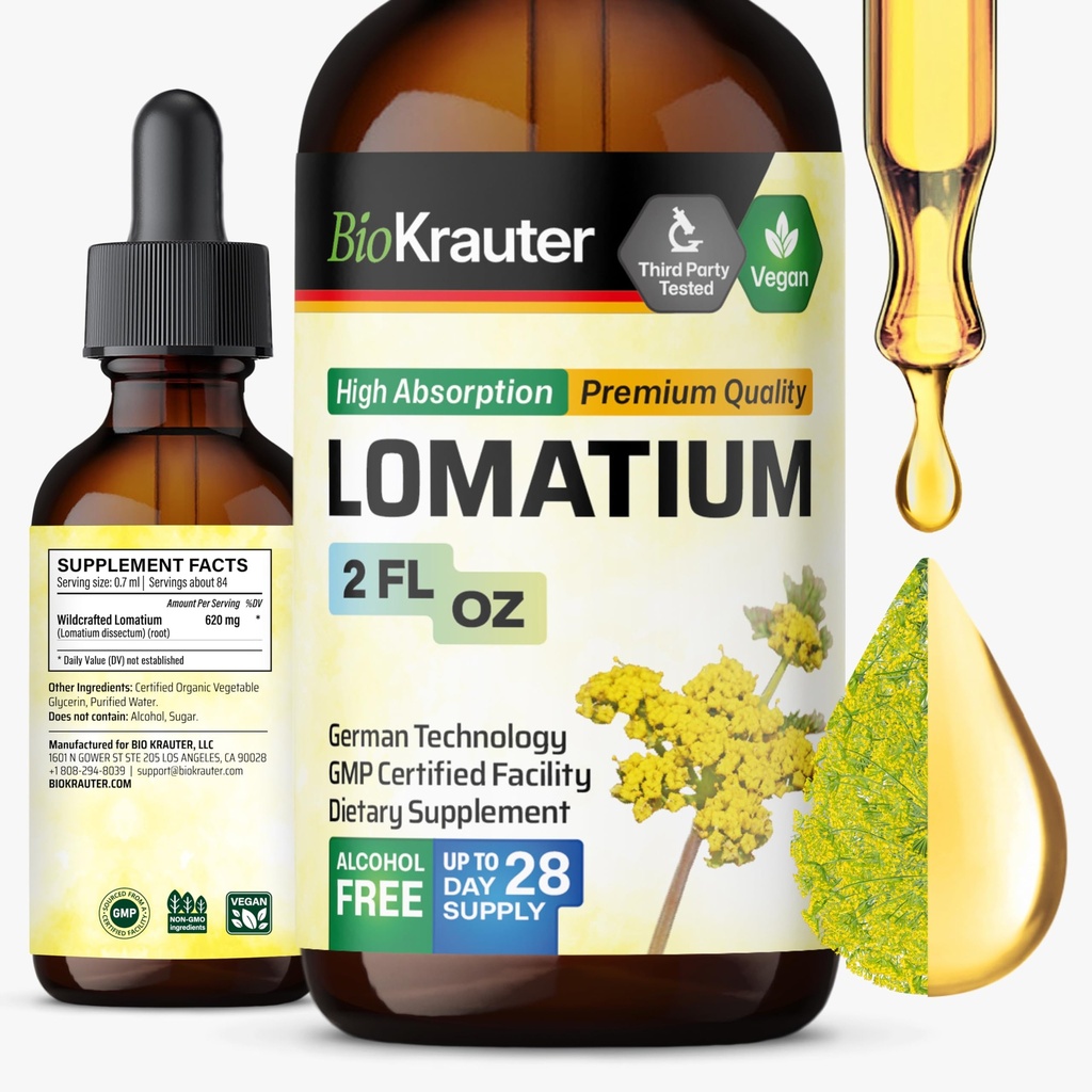 BIO KRAUTER® Lomatium for Respiratory & Immune Support - Vegan Lomatium Root Extract 620 mg per Serving for Daily Wellness, 2 Fl.Oz., 28-Day Supply, Alcohol & Sugar Free Immune Support Supplement