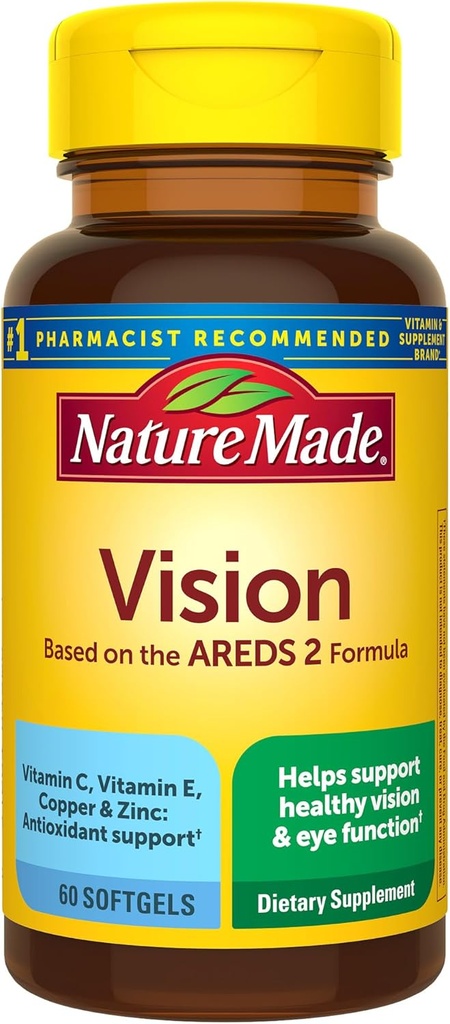 Nature Made Vision Based on the AREDS 2 Formula, Eye Vitamins with Lutein & Zeaxanthin, Vitamin C, Vitamin E, Zinc and Copper for Healthy Vision and Eye Function Support, 60 Softgels, 30 Day Supply