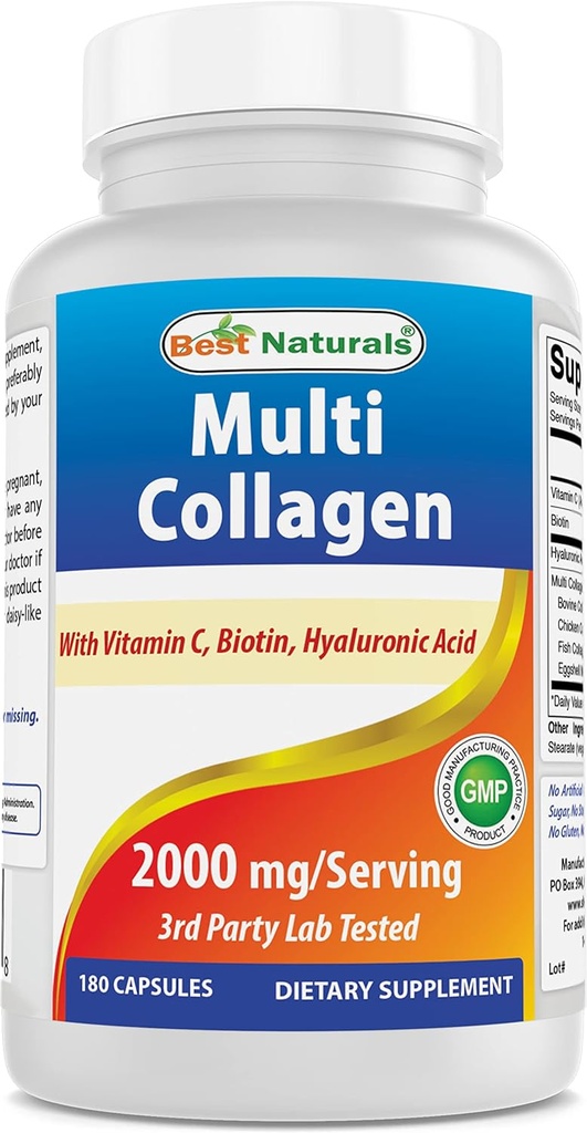 Best Naturals Multi χάπια κολλαγόνου 2000mg για γυναίκες & άνδρες - Υδρολυμένες κάψουλες κολλαγόνου για δέρμα μαλλιών και νύχια με τύπους I II III V X, βιοτίνη, υαλουρονικό οξύ & βιταμίνη C