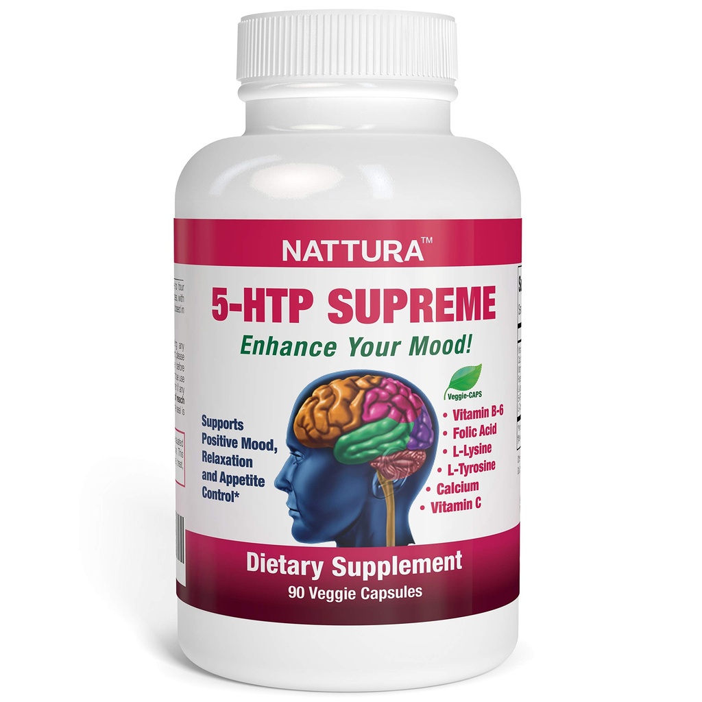 Nattura 5-HTP Supreme - για θετική διάθεση, χαλάρωση και έλεγχο όρεξης - με 5-HTP, L-τυροσίνη, L-λυσίνη, βιταμίνη Β6, Φολικό (Folic Acid), Βιταμίνη C (Ascorbic Acid), Ασβέστιο - 90 κάψουλες