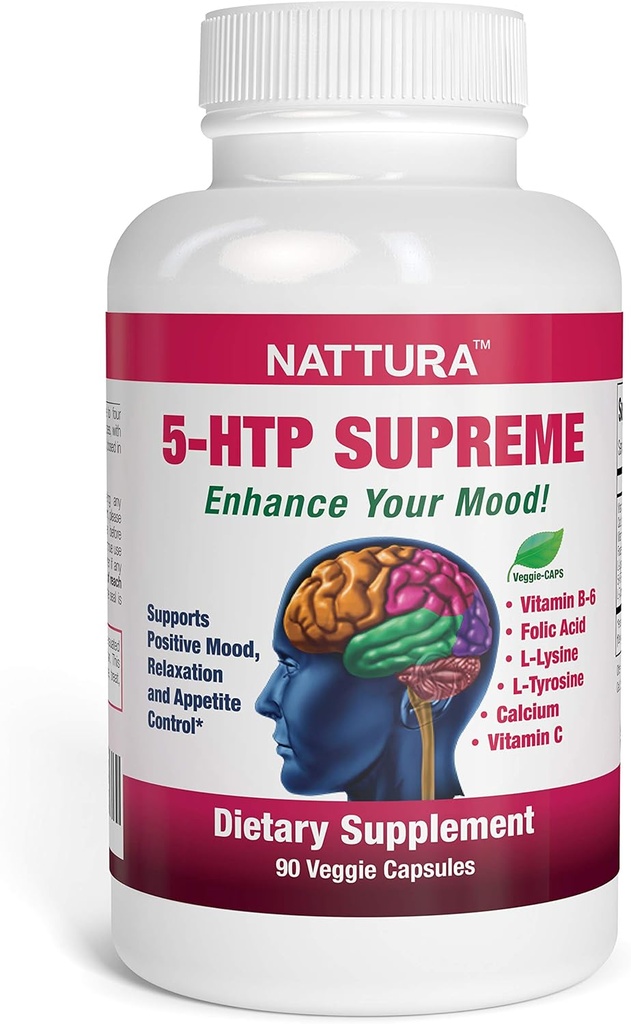 Nattura 5-HTP Supreme - για θετική διάθεση, χαλάρωση και έλεγχο όρεξης - με 5-HTP, L-τυροσίνη, L-λυσίνη, βιταμίνη Β6, Φολικό (Folic Acid), Βιταμίνη C (Ascorbic Acid), Ασβέστιο - 90 κάψουλες