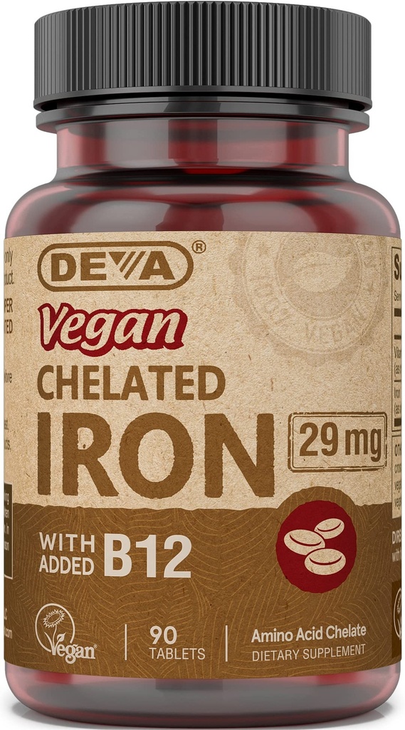 Deva Nutrition Vegan Chelated Iron 29 mg Ενισχυμένος με B-12 - Υψηλή Ικανότητα, Εύκολο στην Κατάποση - 90 δισκία, 1- Pack