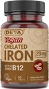 Deva Nutrition Vegan Chelated Iron 29 mg Ενισχυμένος με B-12 - Υψηλή Ικανότητα, Εύκολο στην Κατάποση - 90 δισκία, 1- Pack