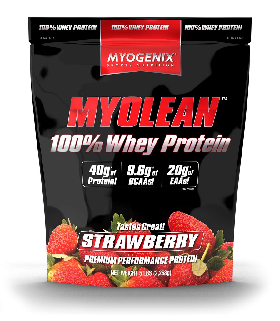 Myogenix Myolean – 100% Whey Protein Powder – 40g Protein per Serving – Low Carb – Ιδανικό για smoothies, Meal Replacement Shakes, Pre Processout & Post Workout Shakes – Φράουλα (5lbs)