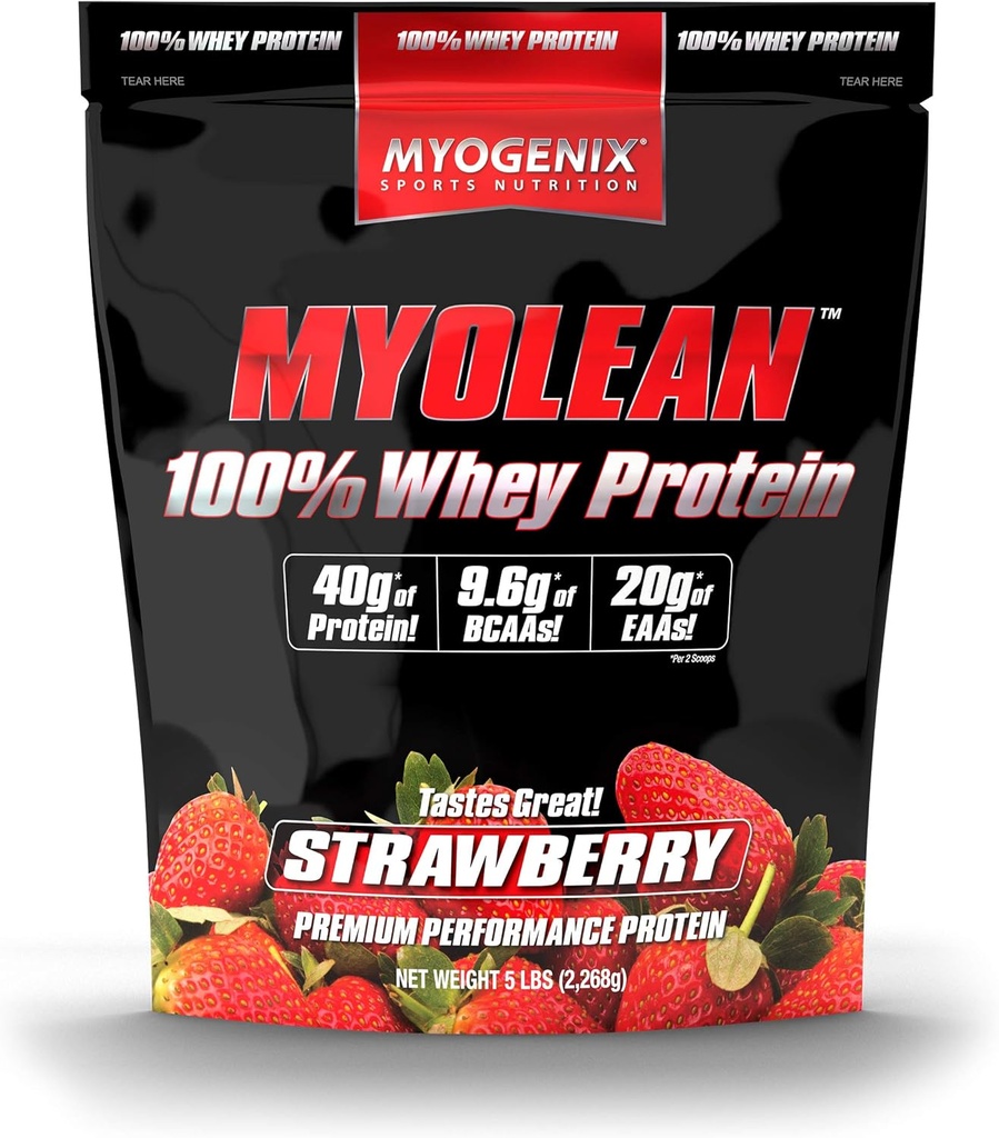 Myogenix Myolean – 100% Whey Protein Powder – 40g Protein per Serving – Low Carb – Ιδανικό για smoothies, Meal Replacement Shakes, Pre Processout & Post Workout Shakes – Φράουλα (5lbs)